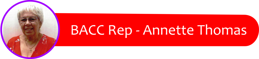 Circular portrait of Annette Thomas with a purple border, beside a red rounded banner that reads 'BACC Rep - Annette Thomas'.