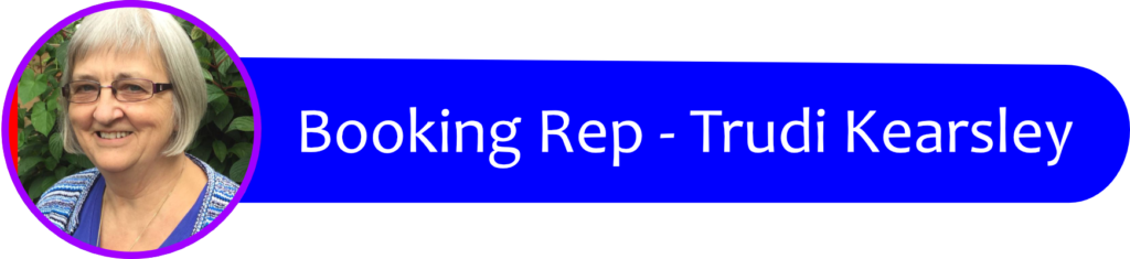 Portrait of Trudi Kearls[ey] wearing glasses beside a blue rounded banner that reads 'Booking Rep - Trudi Kearley' (informational header).