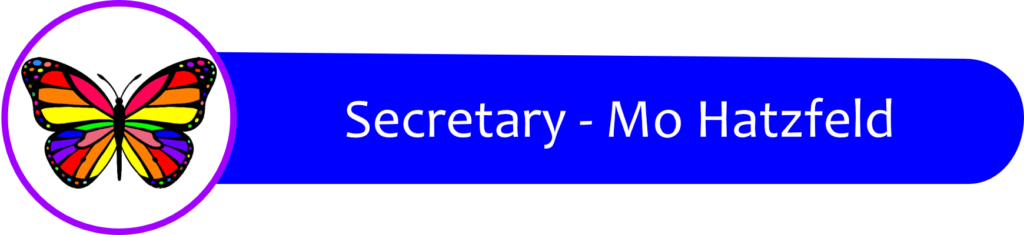 Header banner with a rainbow butterfly emblem on the left and the text 'Secretary - Mo Hatzfeld' on a blue rounded rectangle.