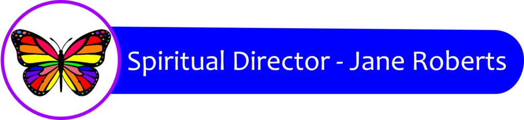 Blue rounded banner reading 'Spiritual Director - Jane Roberts' with a multicolored butterfly logo in a white circle on the left, purple border.