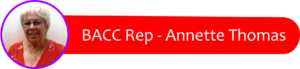 Circular portrait of Annette Thomas with a purple border, beside a red rounded banner that reads 'BACC Rep - Annette Thomas'.