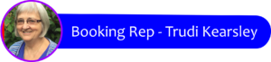 Portrait of Trudi Kearls[ey] wearing glasses beside a blue rounded banner that reads 'Booking Rep - Trudi Kearley' (informational header).