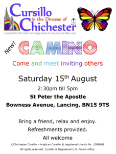 Event poster inviting people to Cursillo Camino on Saturday 15 August, 2:30–5pm, at St Peter the Apostle, Bowness Avenue, Lancing BN15 9TS; bring a friend, refreshments provided, all welcome.